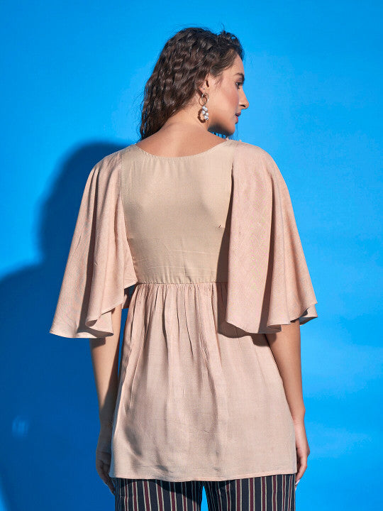 Sangria Beige Ethnic Motifs Embroidered Flared Sleeves A-Line Top