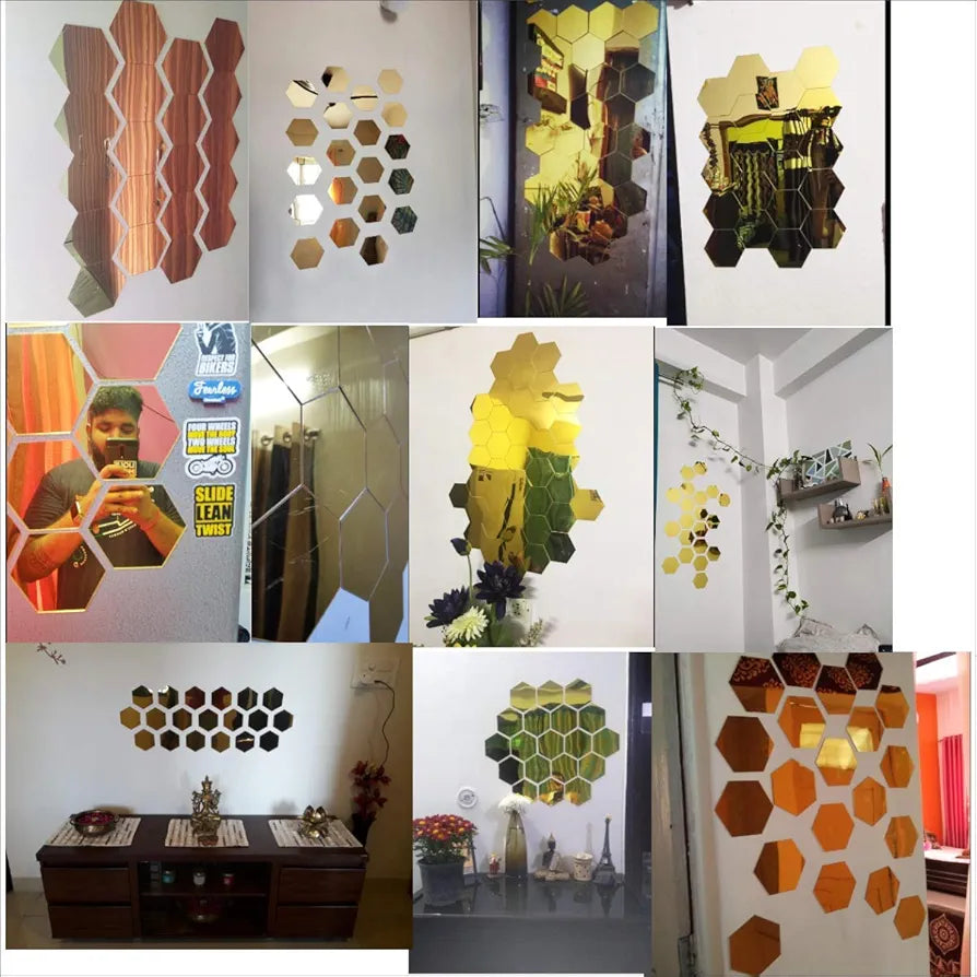 Bikri Kendra Glass Hexagon 30 Golden Mirror Stickers for Wall Decor Acrylic Mirror Acrylic