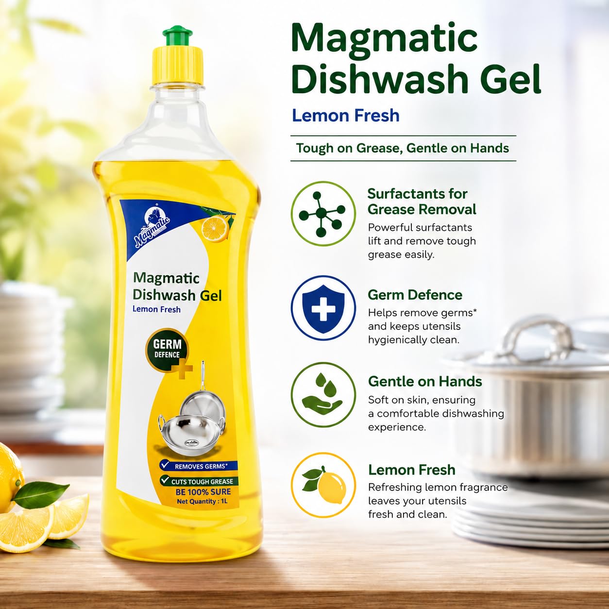 Magmatic Dishwash Liquid Gel | Lemon Fresh – Tough Grease & Oil Remover | Germ Protection Formula | Kitchen Utensil Cleaner | 1L