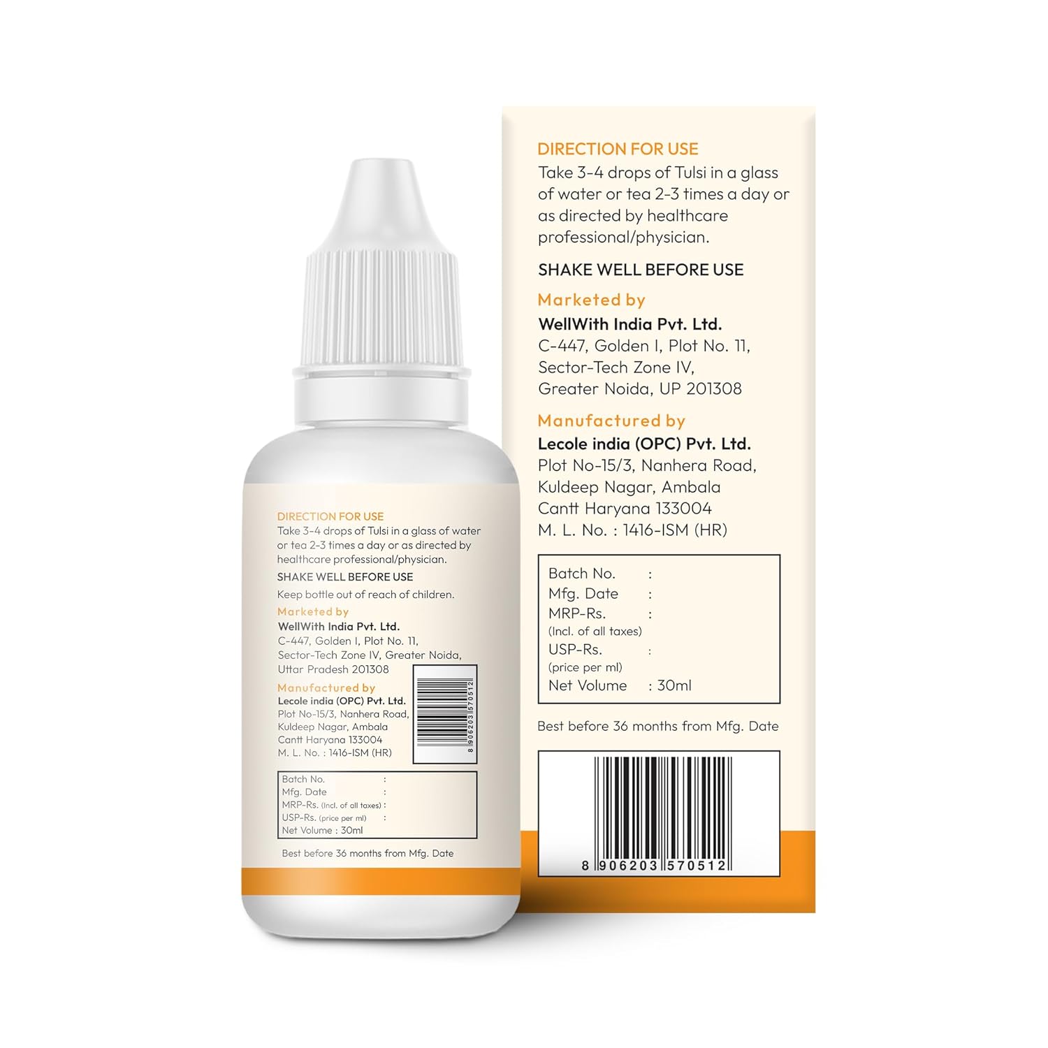 Wellwith by Ayuzera Tulsi Curcumin Drops, 5 Types of Tulsi, Curcumin & Piperine, No Artificial Fragnance (30ml, Pack of 1)