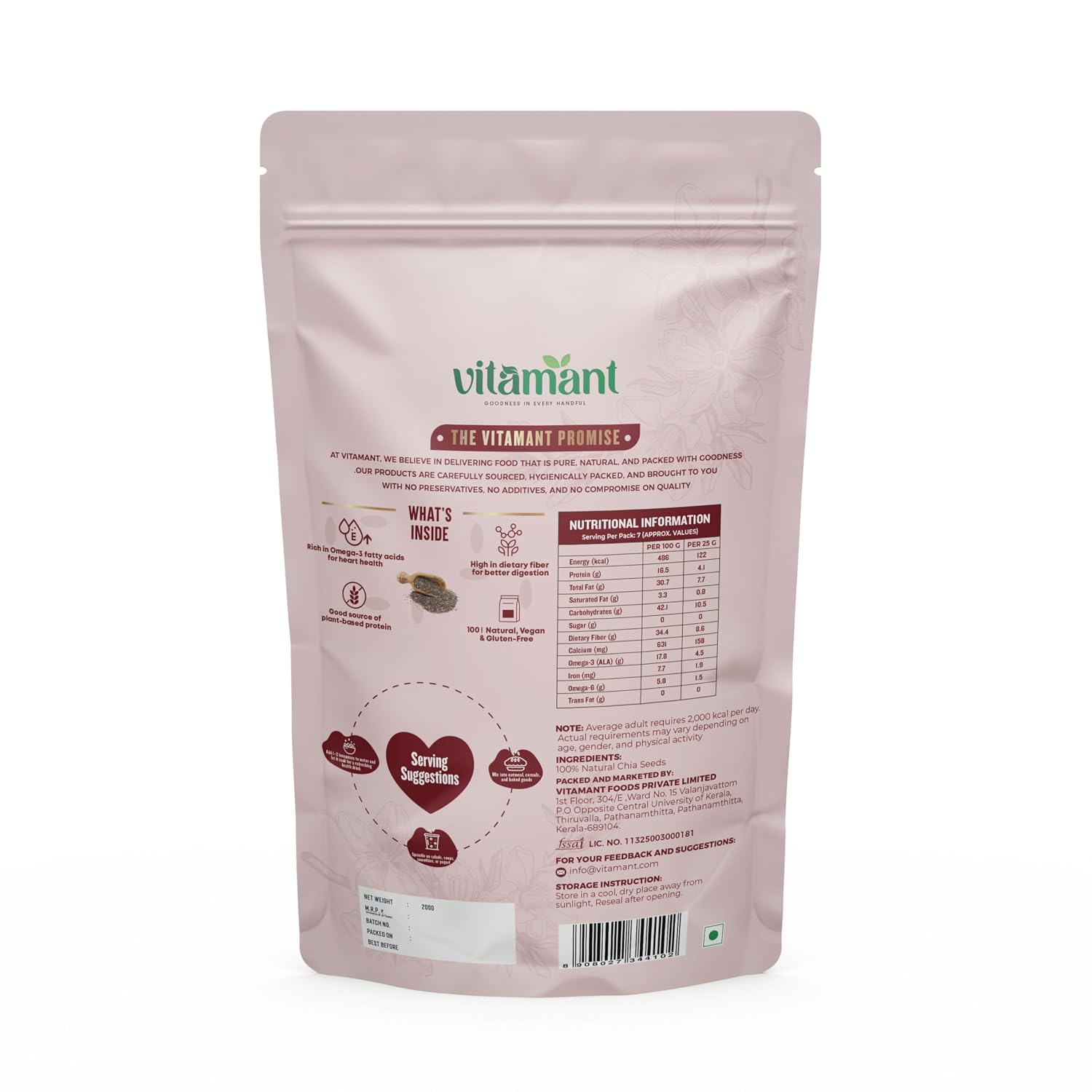 Vitamant Premium Raw Chia Seeds | Natural, Vegan & Gluten-Free | Rich in Omega-3, Fiber & Protein | Energy-Boosting Superfood for Weight Loss & Heart Health – 200g