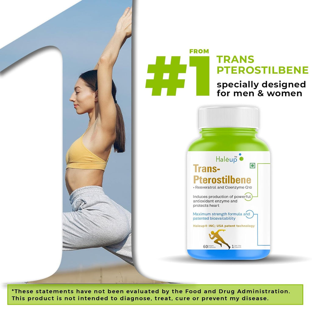 Haleup 99% Pure Trans-Pterostilbene with Resveratrol | Potent Antioxidant | High Bioavailability | Promotes Healthy Ageing | Skin Health (1 pack X 60s count)