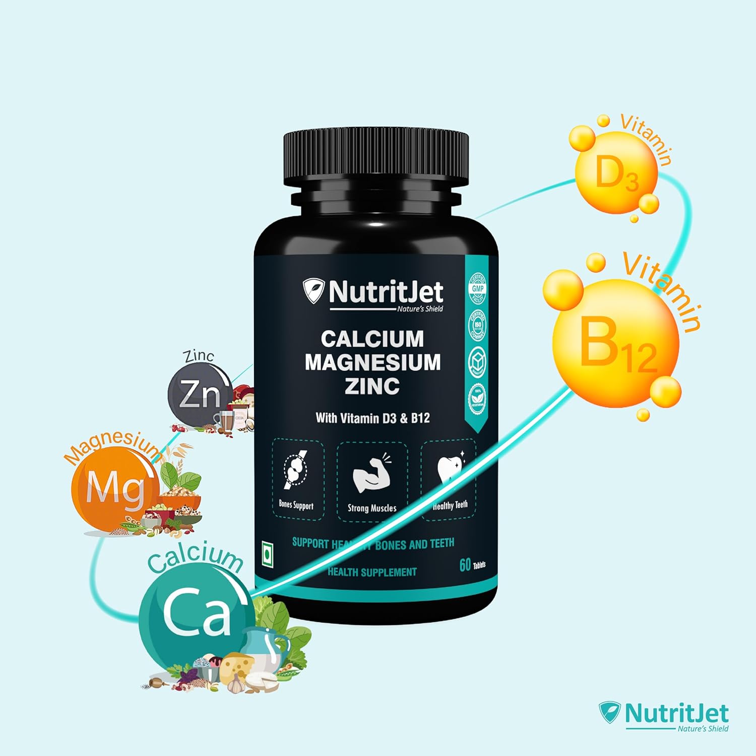 Calcium Magnesium Zinc Vitamin D3 Vitamin B12 & Vitamin K2 â€“ 60 Vegetarian Tablets for Bone Health, Joint Support, and Immunity Support for Women & Men