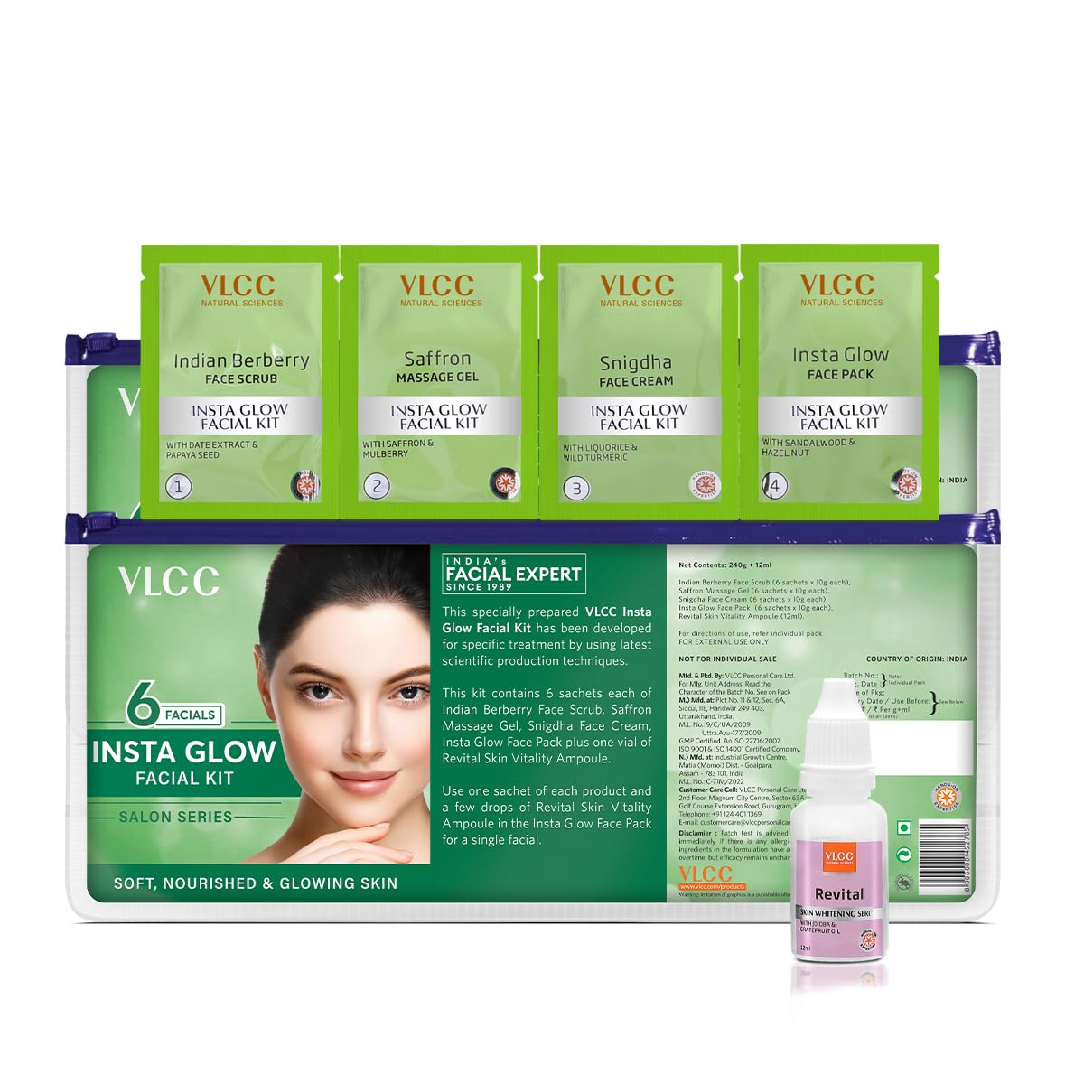 VLCC Salon Series Insta Glow Facial Kit (6 Facials) - 240g + 12ml | Fights Premature Ageing | Youthful Glow Facial Kit with Saffron & Berberry | Anti-Microbial and Complexion Brightening