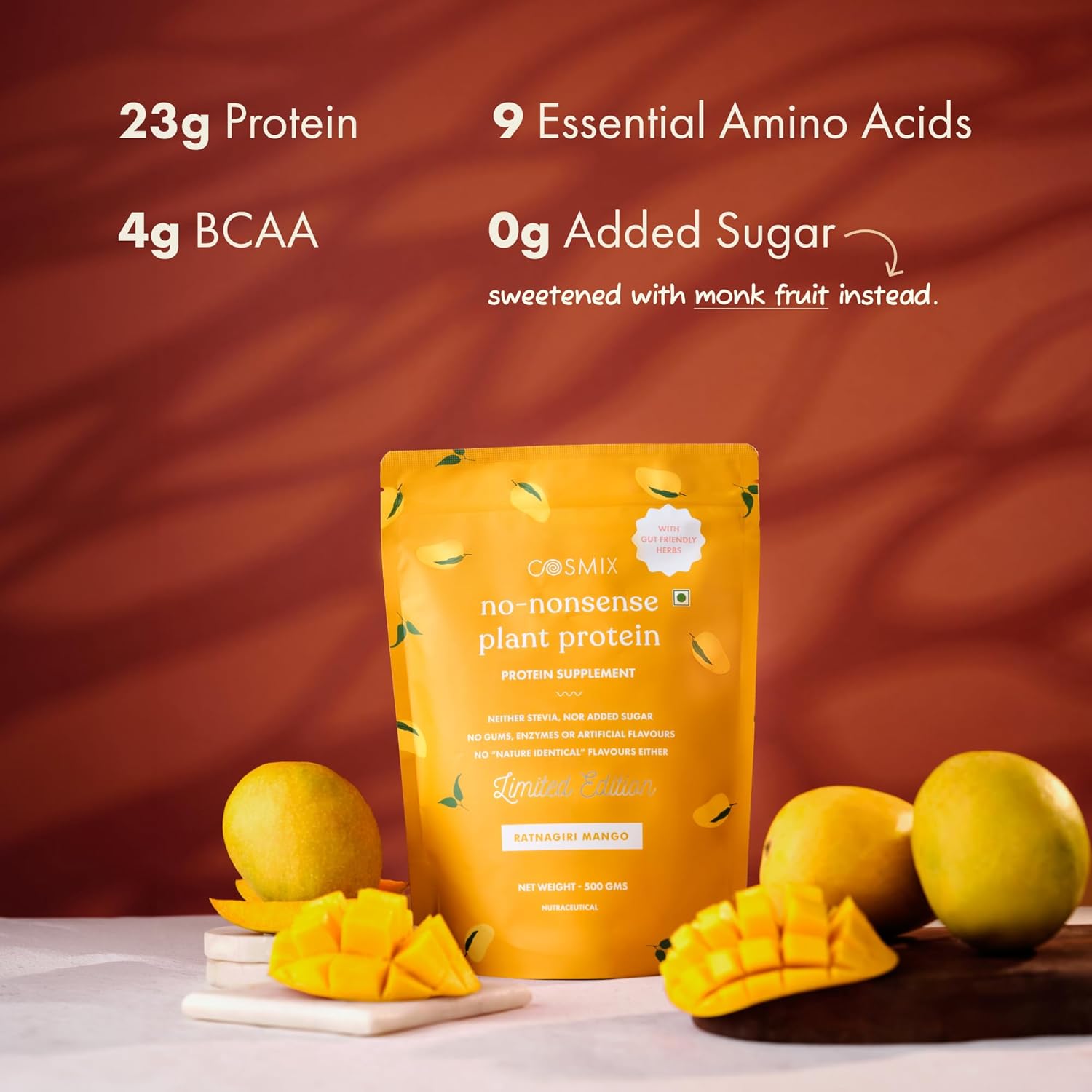 Cosmix No-Nonsense Plant Protein | 23 Protein/Serve, 500g Pouch | Ratnagiri Mango | Plant Based Protein, Pea & Rice Isolate | Clean, Easy to Digest | All Essential Amino Acids