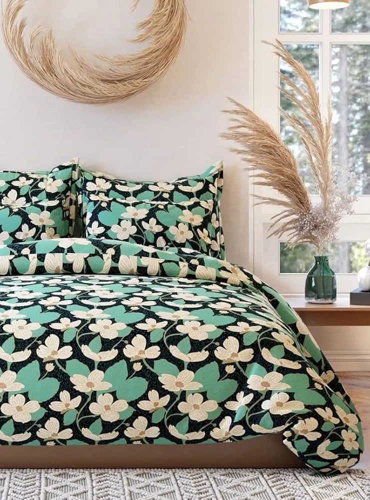 The Home Style 400 TC Cotton Elastic Fitted All Around Printed King Size Double Bed Bedsheet wih 2 Pillow Cover Lily Green