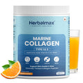 Herbal Max Marine Collagen Powder | Orange Flavour | Type I & III Hydrolyzed Collagen Peptides with Hyaluronic Acid, Vitamin C, Vitamin E & Biotin | Supports Skin, Hair, Nails, Bones & Joints | 240g