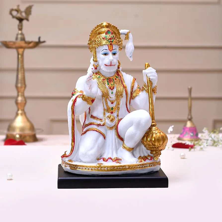 CraftVatika Hanuman Ji Marble Dust Murti Idol Poly Marble Sitting Bajrang Bali Hanuman Ji Blessings