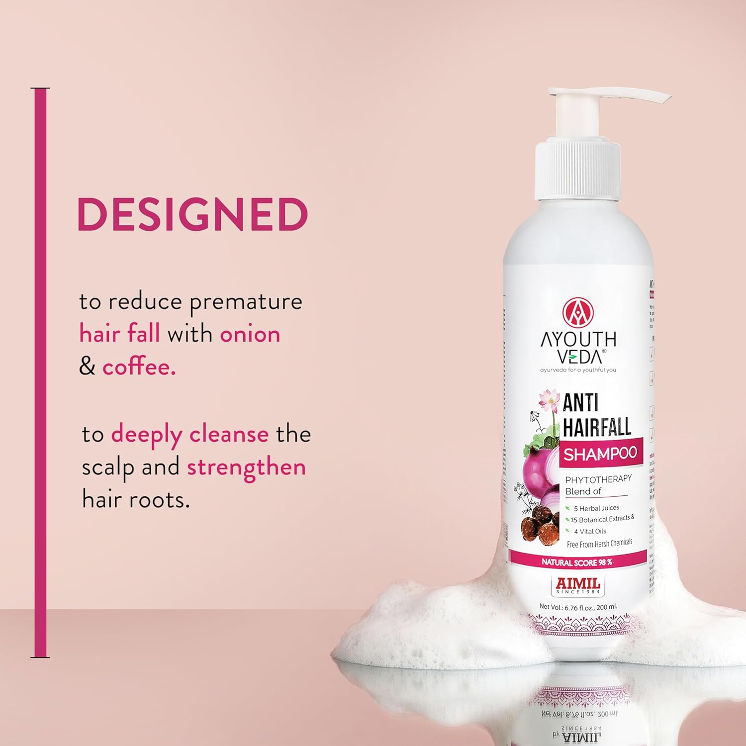 Ayouthveda Anti Hair Fall Shampoo with Onion & Coffee | Natural Formula with Aloe vera, Reetha, Shikakai & Neem | Reduces Hair Fall, Improves Hair Density & Scalp Health | 200 ml (Pack of 1)