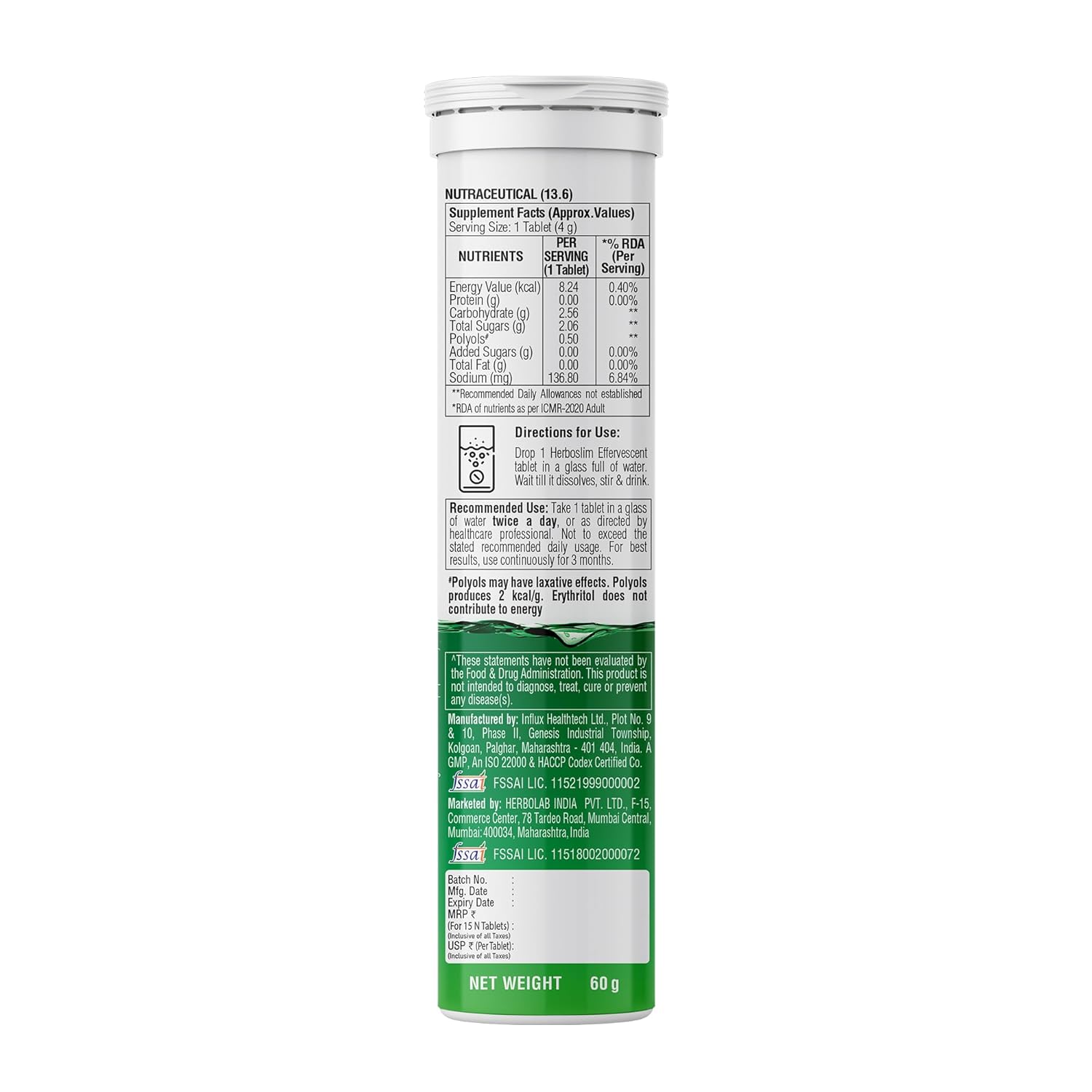 Dr. Vaidya's Herboslim Fizz With L-Carnitine, Garcinia, And No Added Sugar, Green Apple Flavour, 15 Tablets