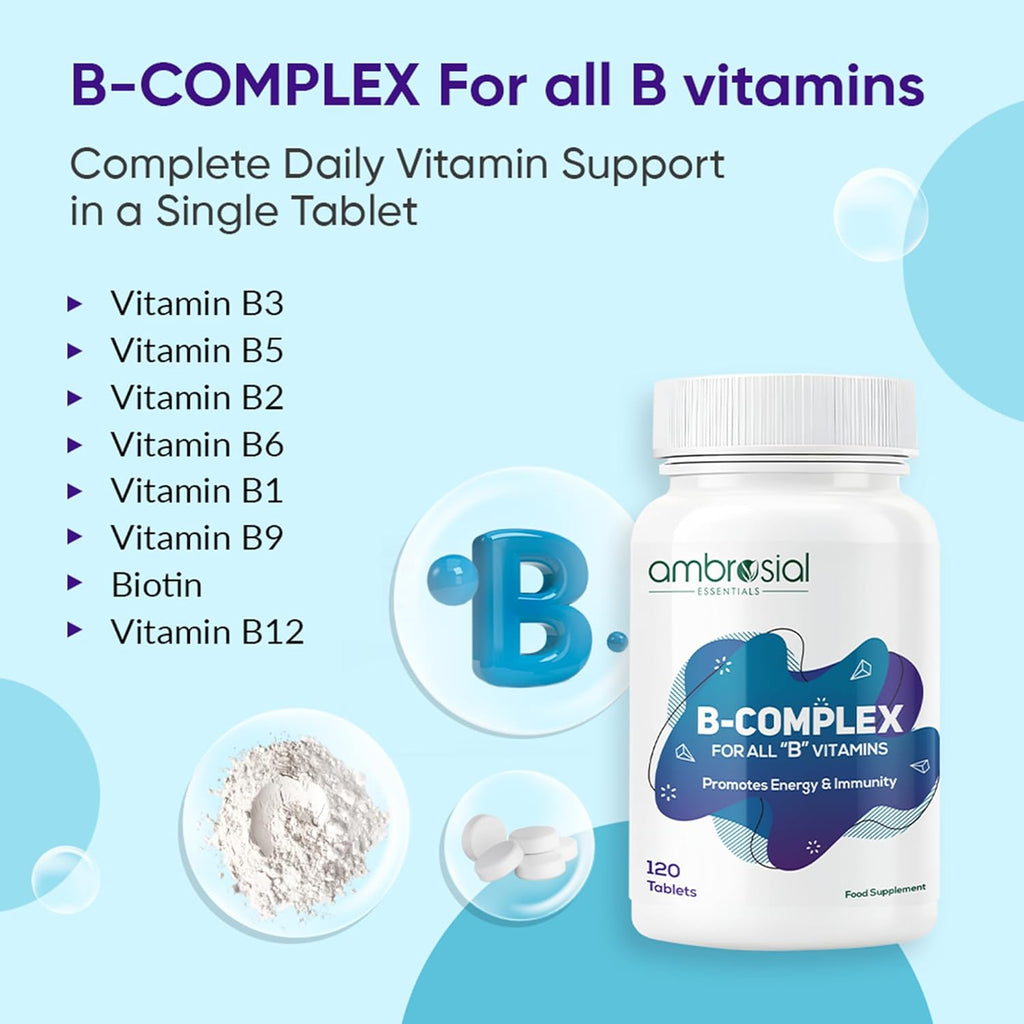 Ambrosial Vitamin B-Complex Tablets with Vitamin B1, B2, B3, B5, B6, B9, B12 & Biotin | Complete B-Vitamin Supplement | Vitamin B Complex Supplement for Women & Men - 120 Vegetarian Tablets