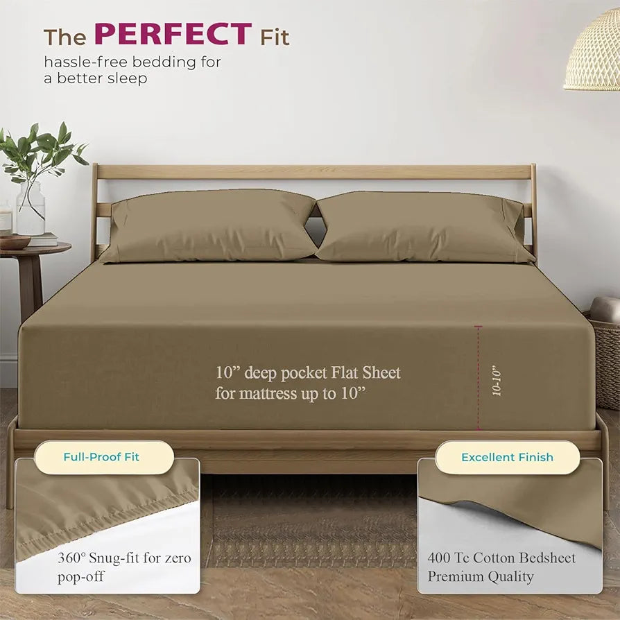 Trance Home Linen 100% Cotton 78x60 inch Queen Elastic Fitted Bedsheet 400TC Premium Queen Double Bed Size Plain with 2 Pillow Covers Colour Brown Grey