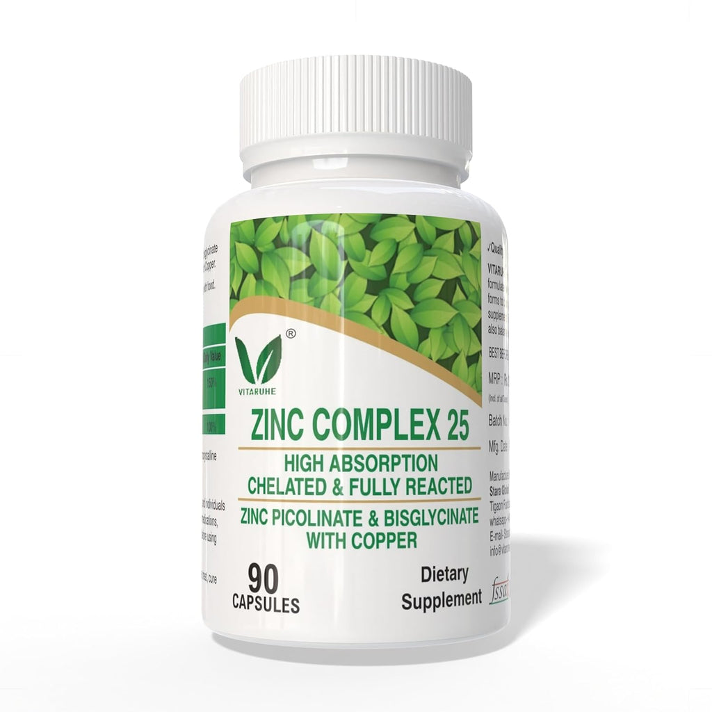 VITARUHEÂ® Chelated Zinc Picolinate & Bisglycinate Complex with Copper, Zinc for Immune, Skin and Cellular Health, High Absorption, Non-GMO, 90 Capsules