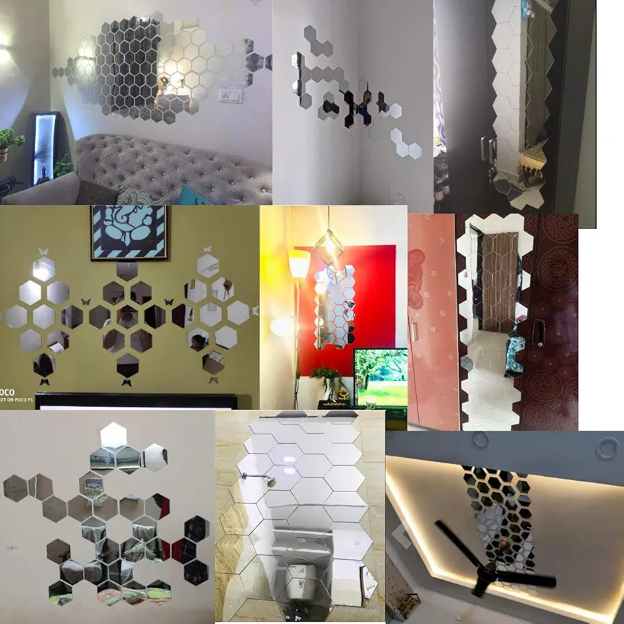 Bikri Kendra 40 Hexagon Silver with 20 Butterfly Stickers for Wall Mirror Decor Sticker Wall Stickers Acrylic