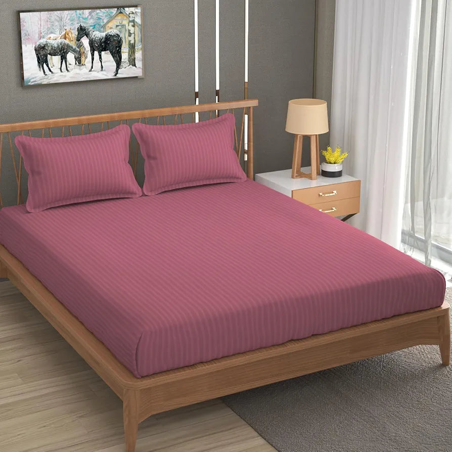 Homefab India 160 TC Stripe Cotton Feel Glace Cotton Elastic Fitted King Size Double Bed Bedsheet with 2 Pillow Covers Fits Upto 6 inches Mattress Pink