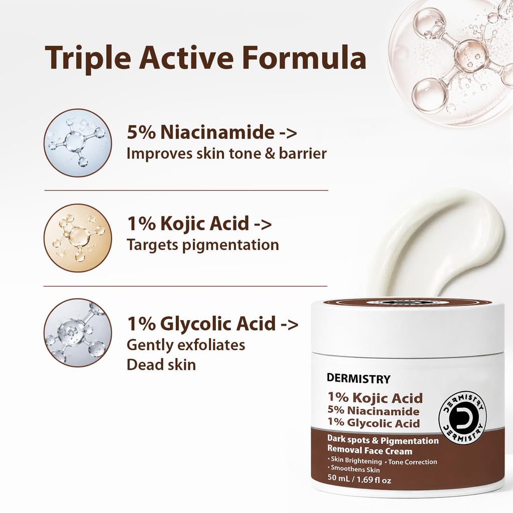 Dermistry 1% Kojic Acid 5% Niacinamide Moisturizer Face Cream for Pigmentation Dark Spots D De Tan Uneven Dull Skin Tone Detan Dtan Removal Glowing Skin Face Glow Men Women Dry Oily All Skin Type 50ml
