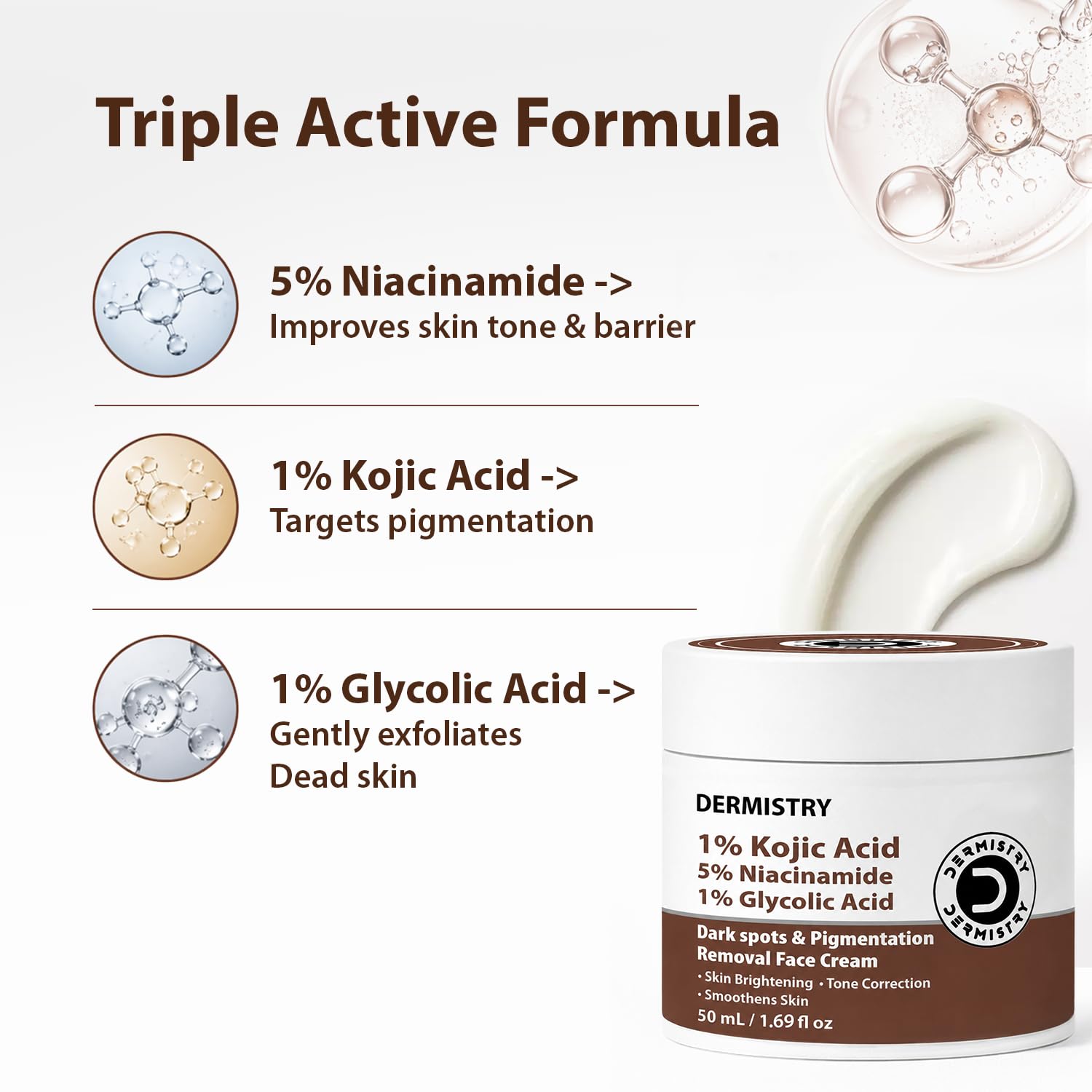 Dermistry 1% Kojic Acid 5% Niacinamide Moisturizer Face Cream for Pigmentation Dark Spots D De Tan Uneven Dull Skin Tone Detan Dtan Removal Glowing Skin Face Glow Men Women Dry Oily All Skin Type 50ml