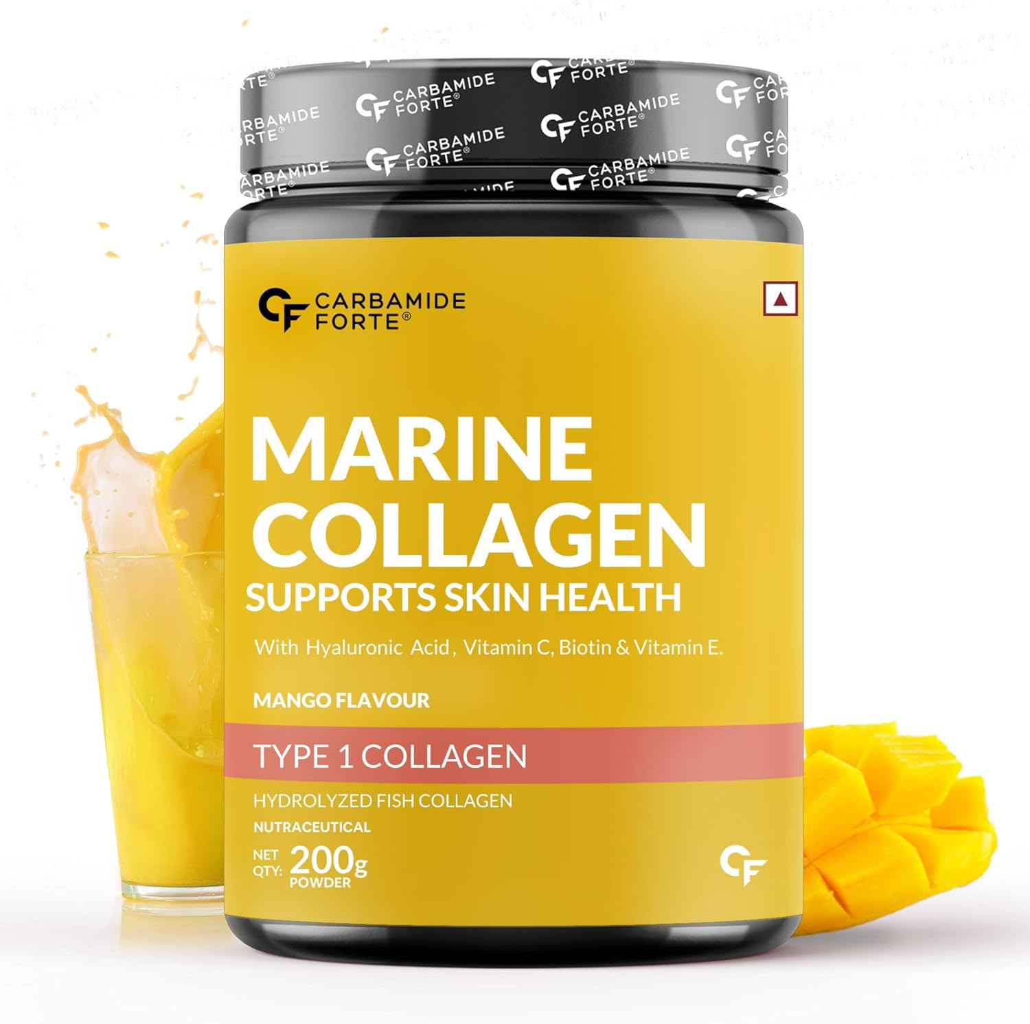 Carbamide Forte Marine Collagen Powder Supplement - for Skin Fish Collagen Powder for Women & Men - 200 Grams Powder - Alphanso Mango Flavour