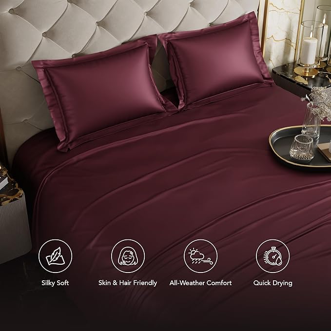 Stoa Paris Satin Bedsheets for Double Bed 300TC Premium Bedsheet with 2 Pillow Covers Colour Velvet Wine