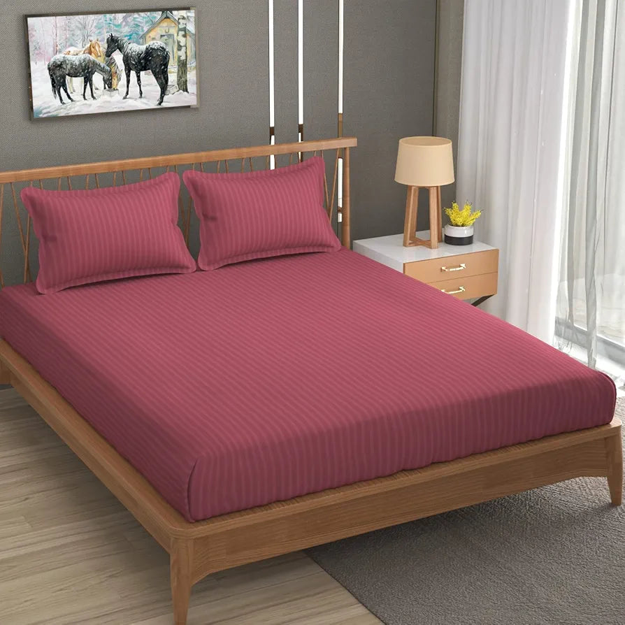 Homefab India 160 TC Stripe Glace Cotton Double BedSheet with 2 Pillow Covers Pink