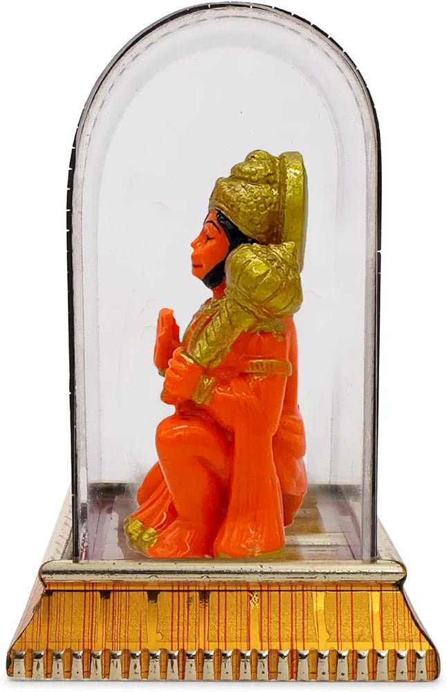 Golden and Orange Hanuman Ji Idol in Glass Box for Car Dashboard