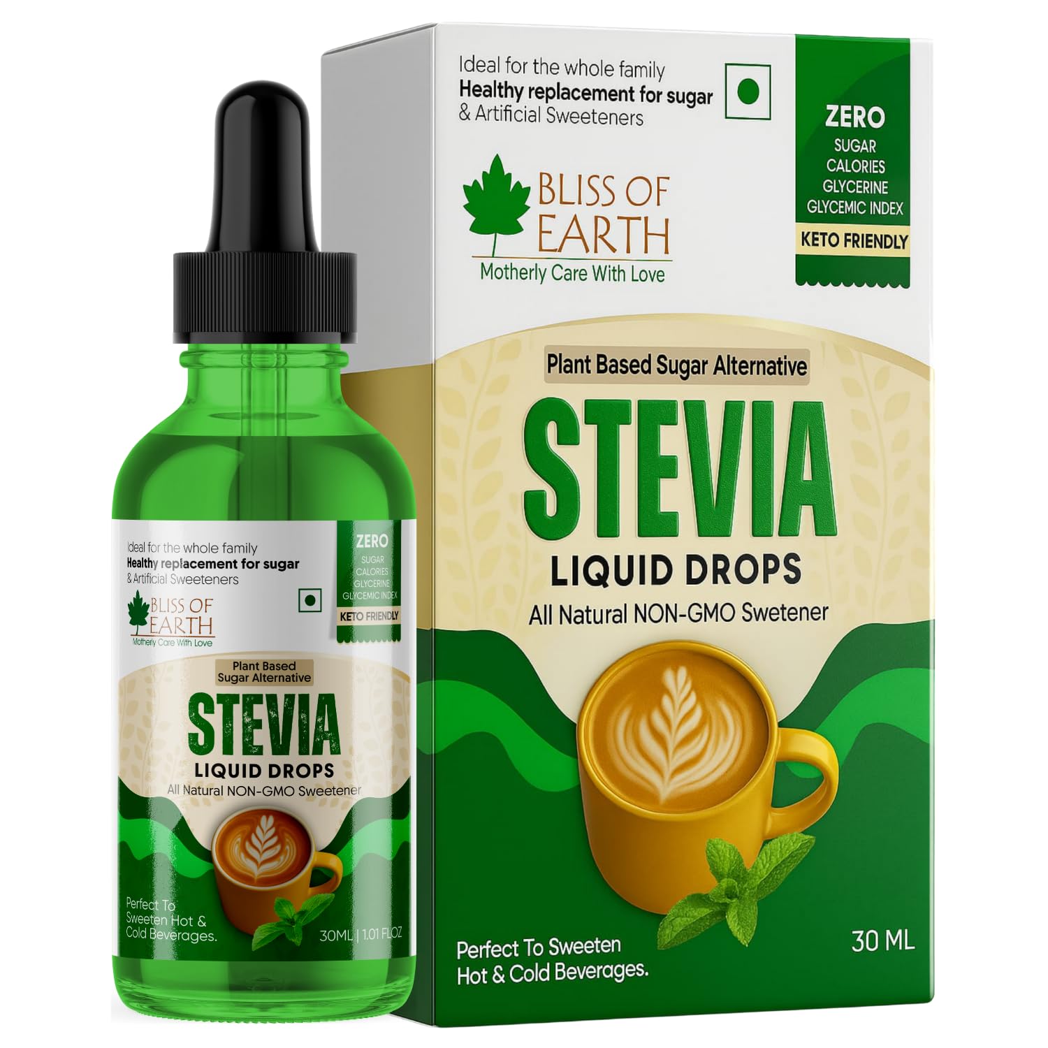 Bliss of Earth Stevia Liquid Sweetener â€“ Pure, Natural & Sugar Free Drops | Zero Calorie | 30ML | Perfect for Tea, Coffee, Shakes, Smoothies & Desserts | Keto & Diabetic Friendly
