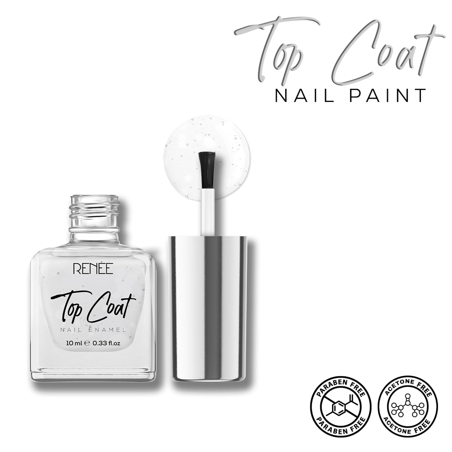 RENEE Top Coat Glossy Finish Nail Enamel, Quick Drying, Long Lasting, Chip Resisting Formula With High Shine & Full Coverage, One Stroke Application, Translucent Layer, 10 Ml