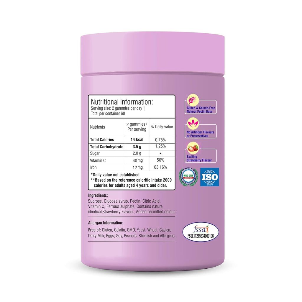 Happi Kidz Iron + Vitamin C Gummies For Kids-(60 Gummy Bears) -Supports Immune system function, Helps build red blood cells & overall growth and development | Strawberry Flavour | | Lab tested for purity