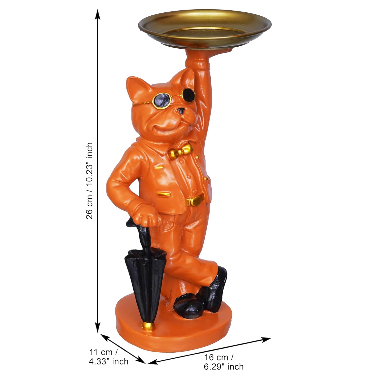 Ecraftindia Orange Bulldog Statue in Glasses Holding Black Umbrella and Tray in Hands Table Top Decorative Showpiece