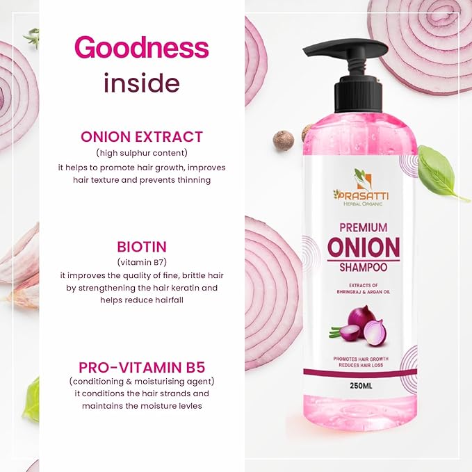 Prasatti Herbal Organic Onion Oil Shampoo With Red Onion Seed Oil Extract, Black Seed Oil & Pro-vitamin B5 | 250 Ml