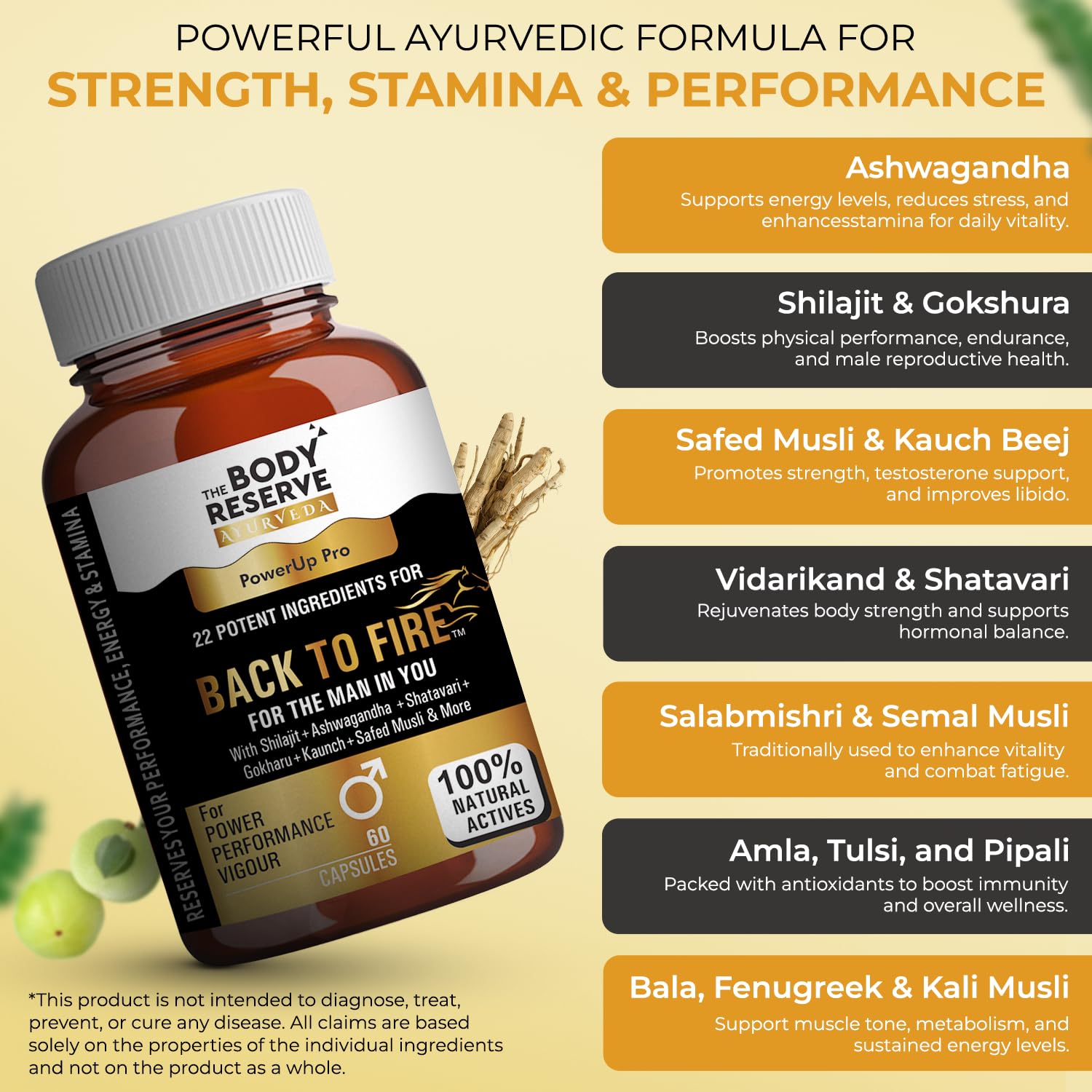 The Body Reserve Back To Fire Capsules for Men | 22 Ayurvedic Herbs For Stamina, Strength & Vitality Support with Ashwagandha & Shilajit | 60 Veg Capsules