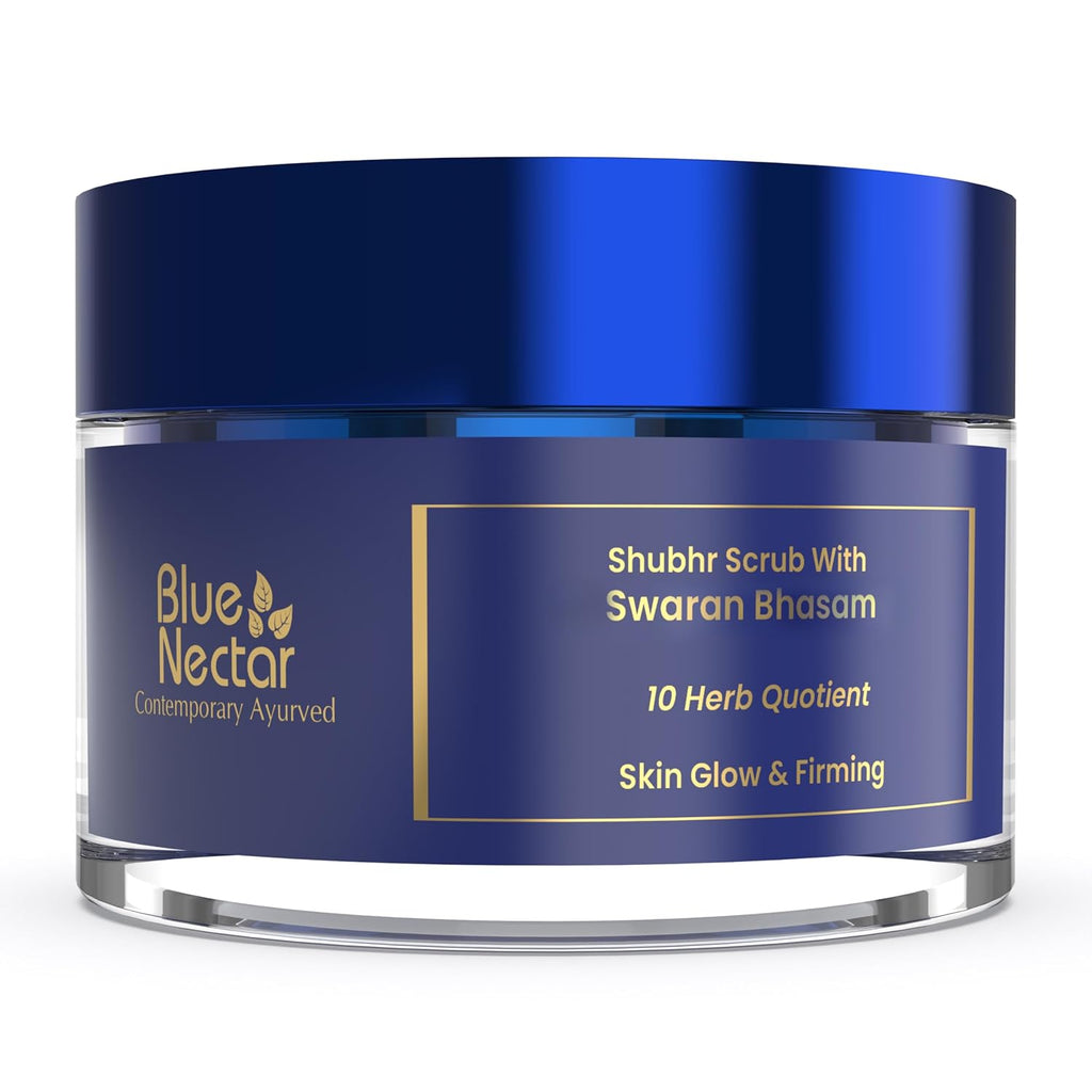 Blue Nectar Gold Face Scrub for Glowing Skin | Naturally Exfoliating Scrub for Men & Women with Walnut & Kumkumadi | Ayurvedic Tan Removal (12 Herbs, 50g)