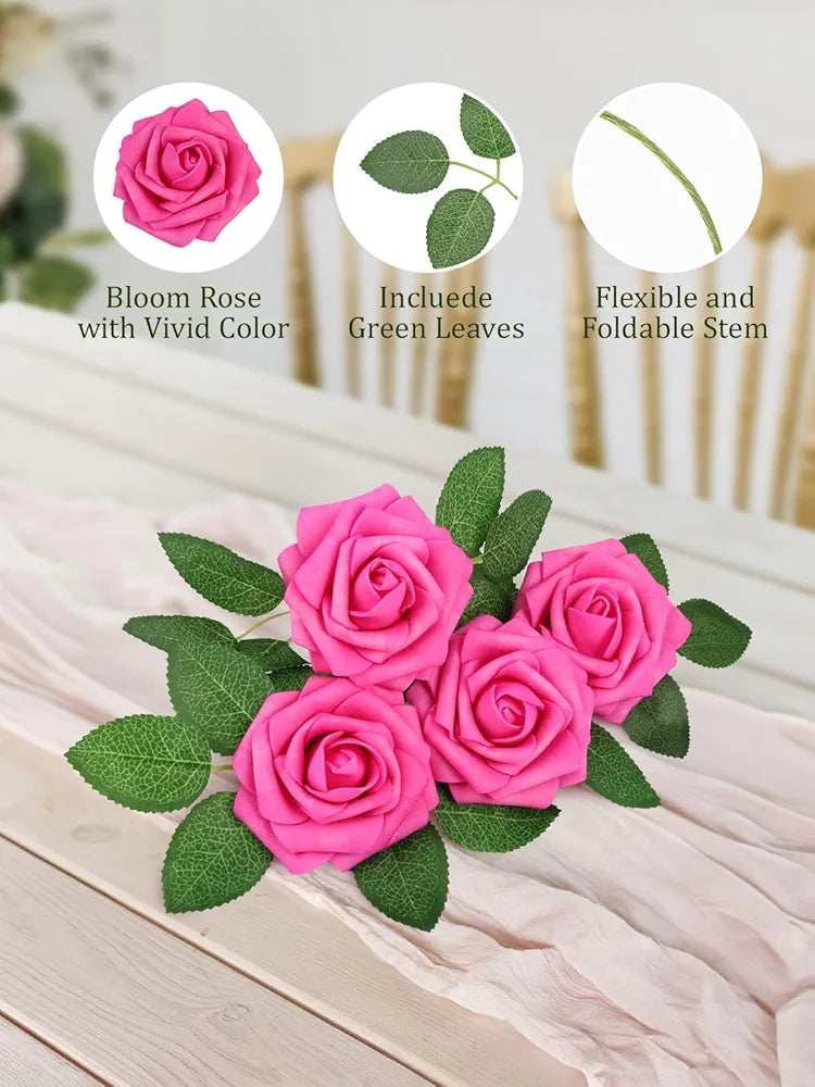Artificial Flower Roses 30PCS Real Touch Spring Fake Flowers with Stem Fuchsia Foam Roses