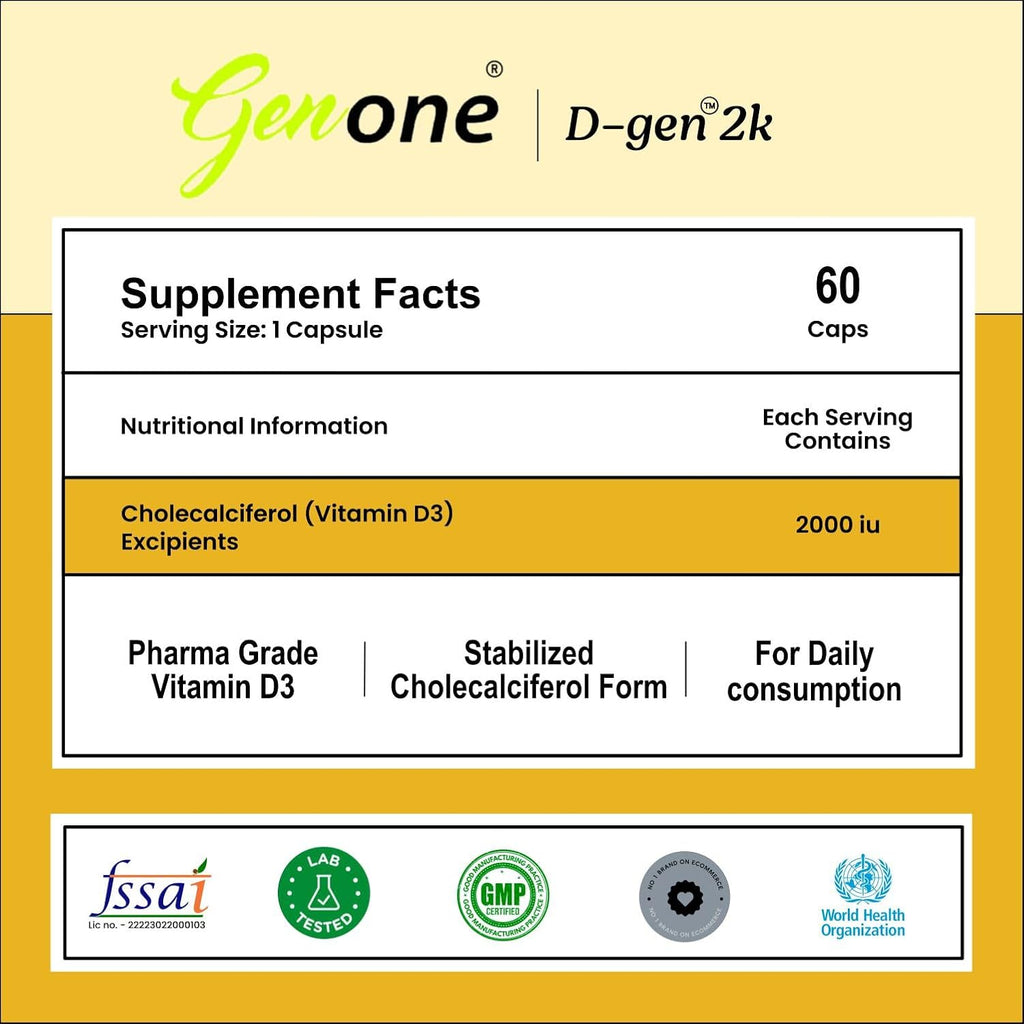 Genone DGen 2k Vitamin D3 Capsules for Strong Bones and Immunity (60 Capsules)