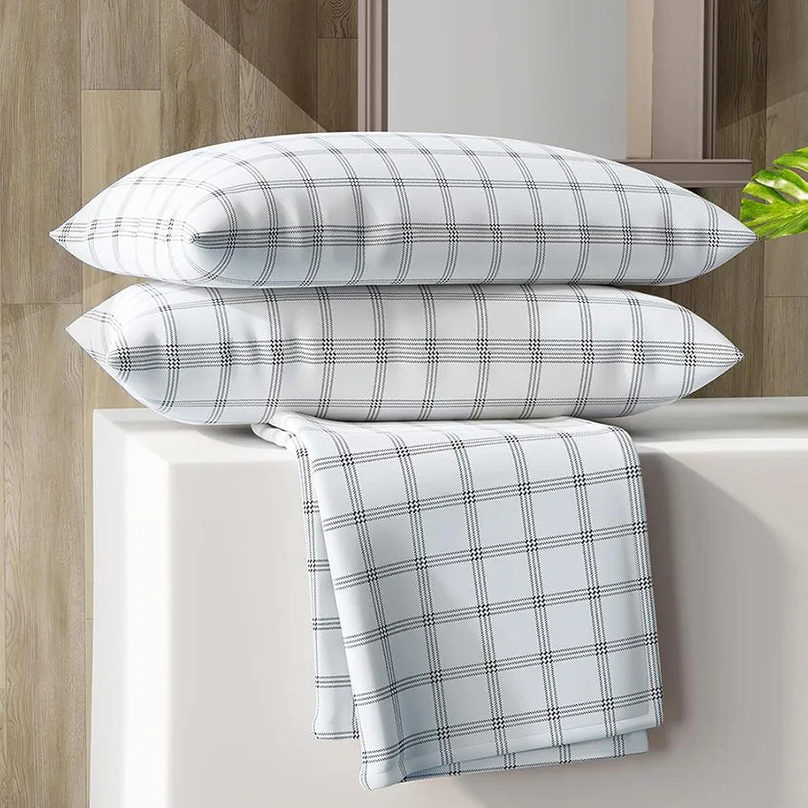 Layers Zen Cotton Blend King Bedsheet Set 1 King Cotton Bedsheet & 2 Pillow Covers Breathable & Anti-Wrinkle 225 CVC White Plaid