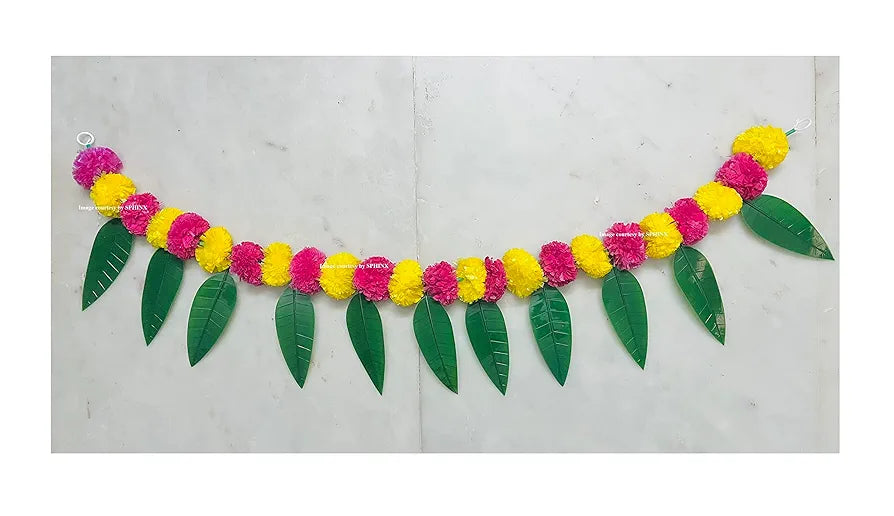 Artificial Marigold &Mango Leaves Simple Door-Window Toran Yellow and Dark Pink (Rani)