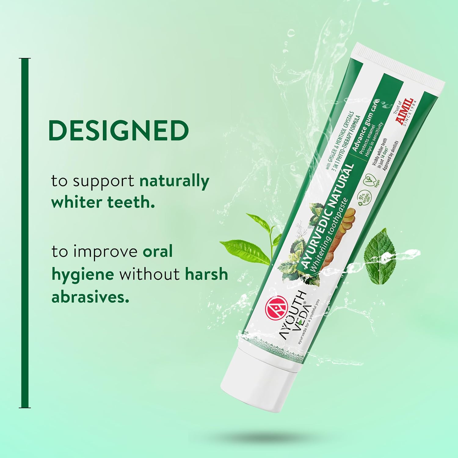 Ayouthveda Ayurvedic Natural Whitening Toothpaste | Plant-Based Formula with Ginger, Mint, Papaya & Pomegranate | Plaque & Tartar Control | Gum Comfort, Enamel Care & Fresh Breath | 100g (Pack of 1)