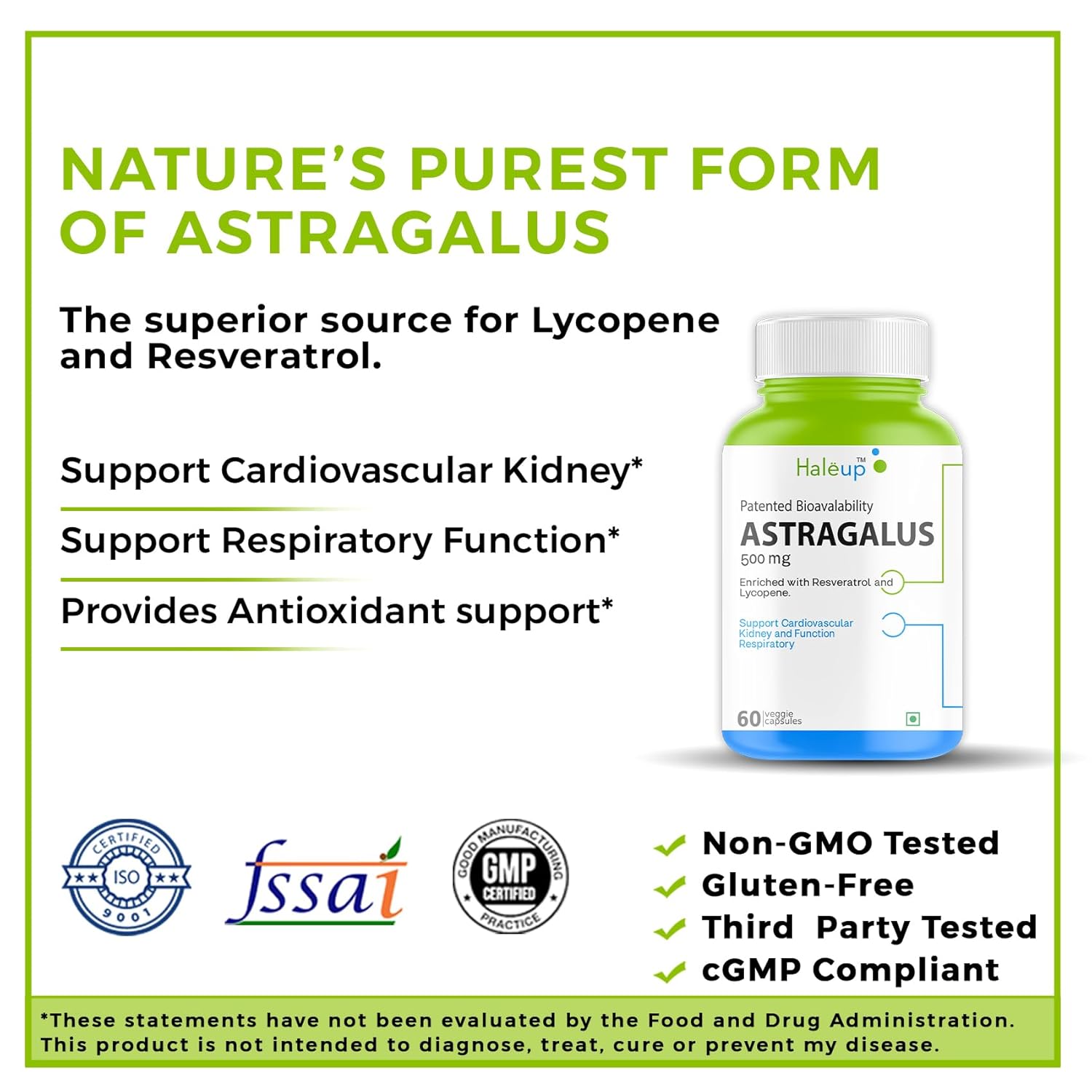 Haleup Astragalus 500 mg || 60 capsules || Enriched with Resveratrol & Lycopene || Heart & Immune Support || Researched in USA (Pack of 1, 60)