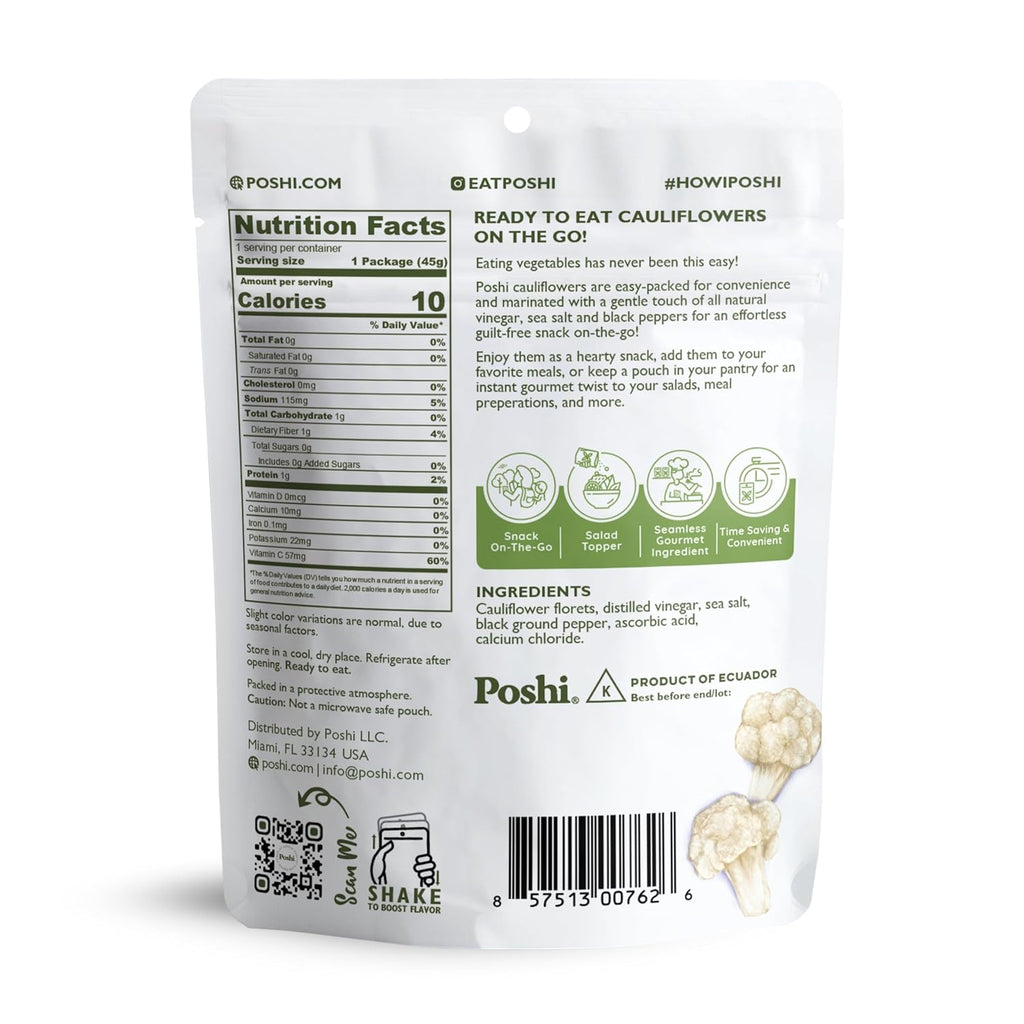 POSHI Marinated Cauliflower Florets Snack Pack | Salt + Pepper | Keto, Vegan, Paleo, Non GMO, Low Carb + Calorie, Gluten Free, Fully Cooked Vegetables, Gourmet, Healthy, All Natural (1.58 oz)
