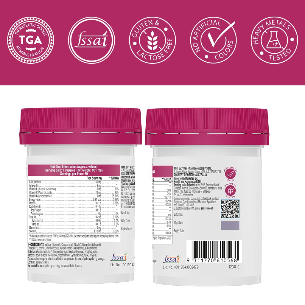 Swisse Glutathione+ Manufactured In Australia, Glutathione Tablets with Astaxanthin, Vitamin C & E, Nicotinamide For Healthy, Radiant & Youthful Skin (30 Capsules, Only 1 Capsule Per Serving)