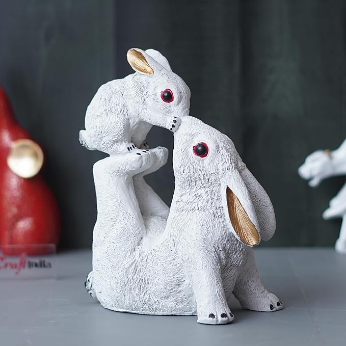 Ecraftindia Gold and White Rabbit Statue With Bunny Animal Figurines Decorative Showpiece for Home Decor
