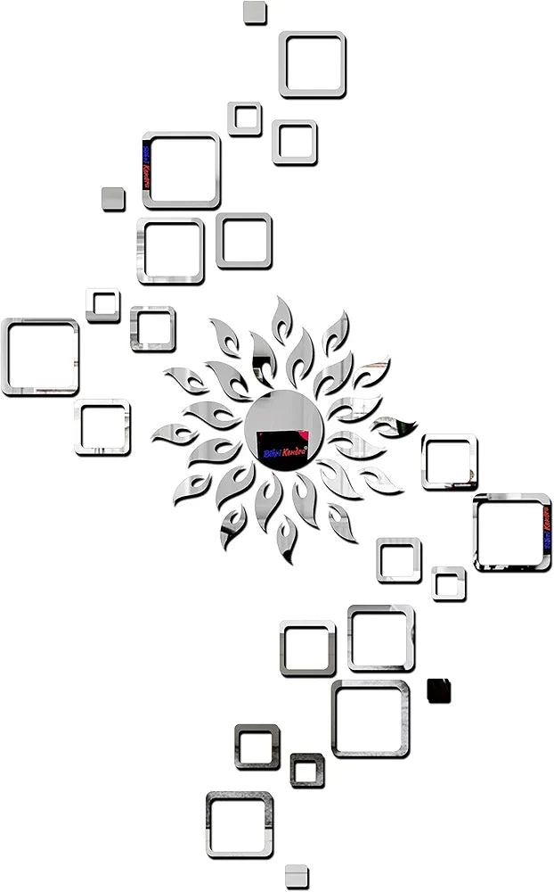 Bikri Kendra Glass Sun Silver Square Decorative Mirror Stickers for Wall 4 Set 3D Acrylic Stickers