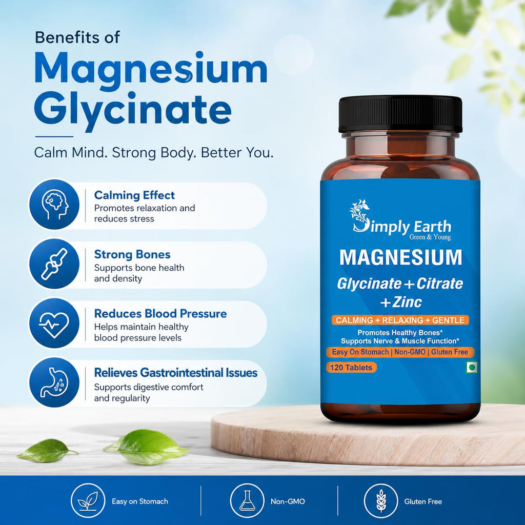 Simply Earth Magnesium Complex supplements - 120 Veg Tablets with Magnesium Glycinate; Citrate; Oxide & added Zinc - Promotes Healthy Bones; Supports Nerve & Muscle Function
