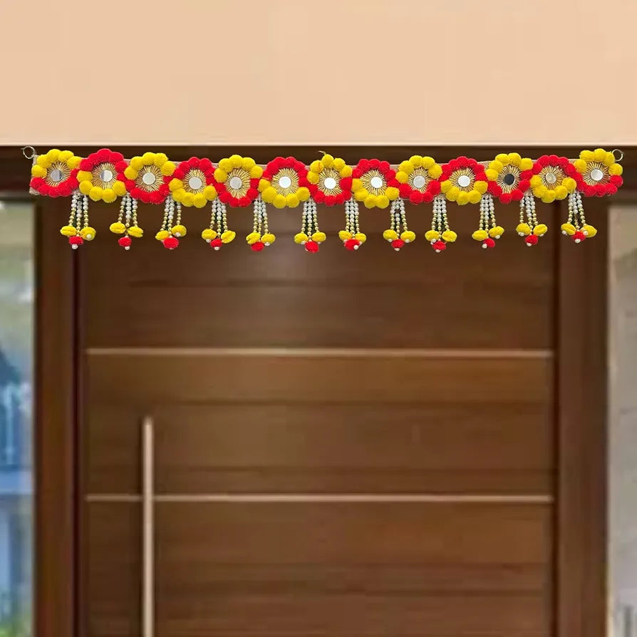 Pom Pom Toran 40 Inch Yellow & Red Decorative Jute Door Toran with Beads Jute Patta With Pom Pom Toran