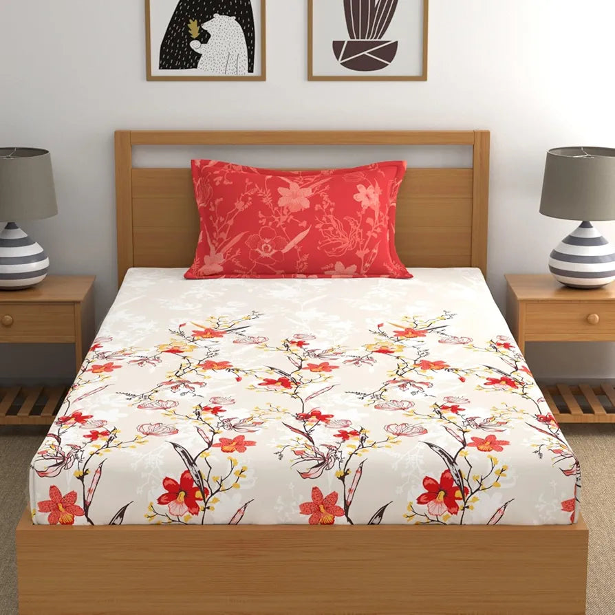 Dreamscape Cotton Single Bedsheet with 1 Pillow Cover 140 TC Colour Tomato Park