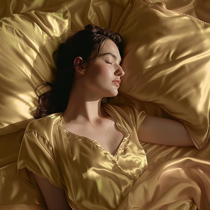Stoa Paris Satin Bedsheets for Double Bed 300TC Premium Bedsheet with 2 Pillow Covers Colour Eternal Glow-Gold