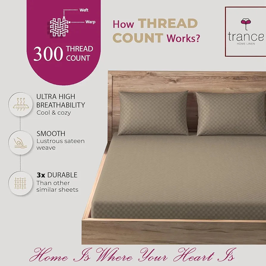 Trance Home Linen Skin Friendly Premium Jacquard Weave Fitted Bedsheet for Single Bed with 1 Pillow Cover 100% Cotton300TC Colour Mocha