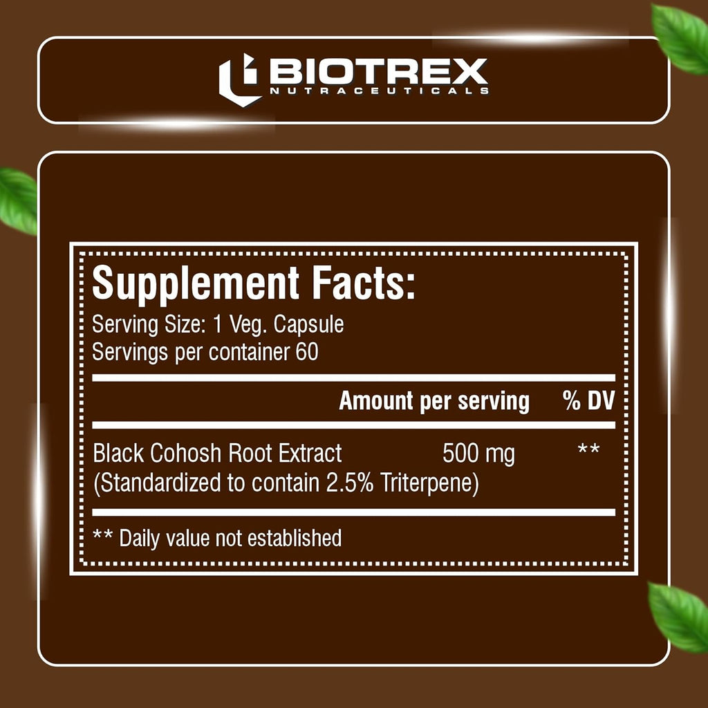 Biotrex Nutraceuticals Black Cohosh (10:1) 500mg | Supports Mood Balance & Hot Flashes | Overall Wellbeing & Bone Health | Non-GMO & Gluten Free | 60 Veg Capsule