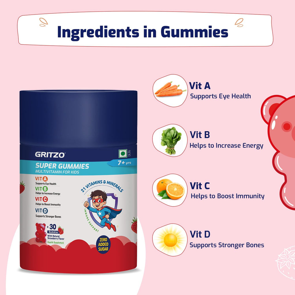 Gritzo Super Gummies Multivitamin (7+y Kids) (Strawberry Flavour, 30 Gummies) | Zero Added Sugar, 21 Vitamins & Minerals