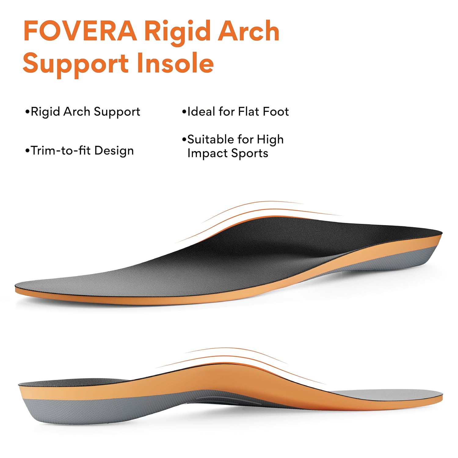 FOVERA Rigid Arch Support Insole for Flat Feet - Orthotic Shoe Inserts for Plantar Fasciitis, Heel Spurs, High Arch, Foot Pain & Enhanced Stability, Trimmable Shoe Soles (L, Men's 8-9.5 UK)